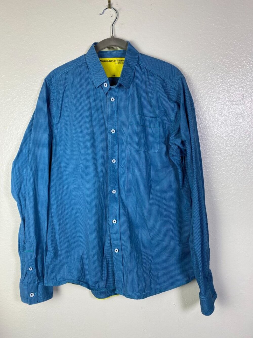 Descendant Of Thieves Mens Blue Button‎ Up Shirt Size Large Long Sleeve Gingham